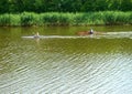 A couple floating on kayaks along the river against the current Royalty Free Stock Photo