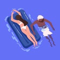 Couple floating, sunbathing in water. Biracial people relaxing in pool. Woman in bikini lying on inflatable rubber Royalty Free Stock Photo