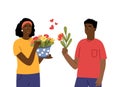 Couple with flowers. People in love holding bouquets. Garden characters, afro american woman and man. Loving cute casual