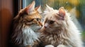 couple fluffy cats sitting on the window, face to face, rainy weather, Lets Hug, banner