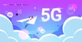 Couple flying on paper origami plane 5G online wireless system connection internet surfing concept flat horizontal