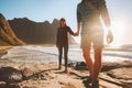 Couple follow holding hands walking on beach travel romantic vacations