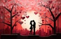 Couple in forest with hanging hearts, romantic setting