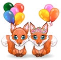 Couple of foxes cute character with beautiful eyes with balloons, greeting card, love, valentine's day