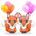 Couple of foxes cute character with beautiful eyes with balloons, greeting card, love, valentine's day