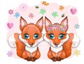 Couple of foxes cute character with beautiful eyes with balloons, greeting card, love, valentine's day