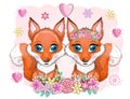 Couple of foxes cute character with beautiful eyes with balloons, greeting card, love, valentine's day