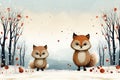 A couple of foxes standing next to each other in the snow. Generative AI image.