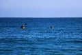 A couple of friends canoeing on a wooden canoe on a sunny day. USA Royalty Free Stock Photo