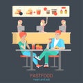 Couple friends in fastfood eating burger fries: flat vector food Royalty Free Stock Photo