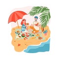 Couple or friends picnic on seashore flat cartoon vector illustration isolated. Royalty Free Stock Photo