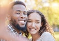 Couple of friends in portrait selfie at park for outdoor relax, happy date and interracial love on social media. Happy Royalty Free Stock Photo