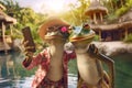 a couple of frogs tourist relaxing vacation at a tropical resort and taking a selfie shot, funny holiday concept, AI generative