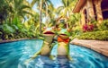 a couple of frogs tourist relaxing vacation at a tropical resort and taking a selfie shot, funny holiday concept, AI generative