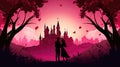 a couple in front of a fairytale castle, pink silhouette design, ai generated image