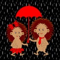 A couple of funny cartoon hedgehogs under red umbr