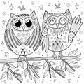 Couple of funny owls sitting on the branch coloring page