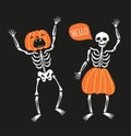 Funny skeletons with pumpkins. Greeting card for Halloween. Cute hand drawn design for day of the dead