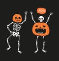 Couple of funny skeletons with pumpkins. Greeting card for Halloween. Cute hand drawn design for day of the dead