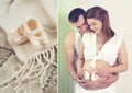 Couple future parents posing with knitted baby booties. Royalty Free Stock Photo