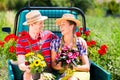 Couple in garden with flowers on gape Royalty Free Stock Photo