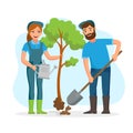 Couple of gardeners, farmers planting tree in the park vector flat illusration isolated on white background. Young