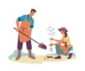 Couple gardeners planting tree. Man, woman shovel