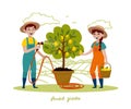 Couple of gardeners are working in the garden. Man with garden hose watering lemon tree, a woman picking fruits in a basket