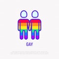 Couple of gays holding hands each other thin line icon in rainbow color. Modern illustration