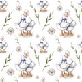 Couple of geese embracing, lovely hugs seamless pattern, summer wallpaper with hand drawn elements