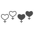 Couple of gender hearts line and solid icon. Two heart, male and female sex symbol, outline style pictogram on white Royalty Free Stock Photo