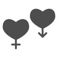 Couple of gender hearts solid icon. Two heart, male and female sex symbol, glyph style pictogram on white background