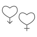 Couple of gender hearts thin line icon. Two heart, male and female sex symbol, outline style pictogram on white Royalty Free Stock Photo
