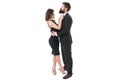 Couple get ready for party. Official dress code. Woman elegant lady and bearded gentleman black tuxedo with bow tie