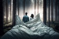 Couple getting out of messy bed sheets back view, created with Generative AI technology Royalty Free Stock Photo