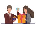 Couple with gift box and coin purse with credit card