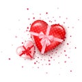 Couple gifts in hearts shaped boxes with silk ribbon and bow. Present for Valentine`s day decorated confetti. Vector