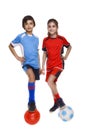 Couple of girl and boy dressed in soccer equipment