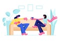 Couple of Girl Friends Sitting on Couch, Drinking Beverages and Communicating at Home. Female Characters Friendship, Chatting