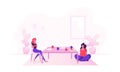 Couple of Girl Friends Sitting at Table with Food Drinking Beverages and Communicating at Home. Female Characters Royalty Free Stock Photo