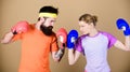 Couple girl and hipster practicing boxing. Sport for everyone. Amateur boxing club. Equal possibilities. Strength and Royalty Free Stock Photo