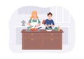 Couple girlfriends cooking on kitchen table. Two girls meal preparation for dining together. Vector cartoon female Royalty Free Stock Photo