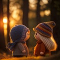 a couple of girls in love at sunset in the forest, amigurumi