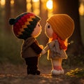 a couple of girls in love at sunset in the forest, amigurumi