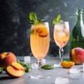 A couple of glasses filled with drinks next to peaches. Generative AI image.