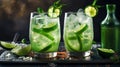 A couple of glasses filled with liquid and lime slices. Generative AI image.