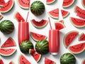 A Couple Of Glasses Of Watermelon Juice Next To Slices Of Watermelon. Generative AI