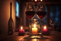 Couple glassess of the champagne are placed on wooden table in restaurant background, romantic table setting with glasses