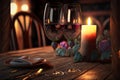 Couple glassess of the champagne are placed on wooden table, romantic table setting with glasses and burning candles