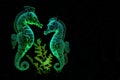 couple of glowing seahorses on a dark underwater starry background, banner, ai generation